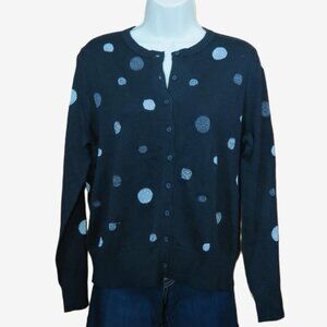 Foxcroft Black & Silver Polka Dot Cardigan Sweater Large